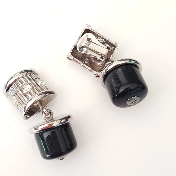 Vintage chunky silver and dark gray clip on earrings with cz accents - Picture 7 of 9